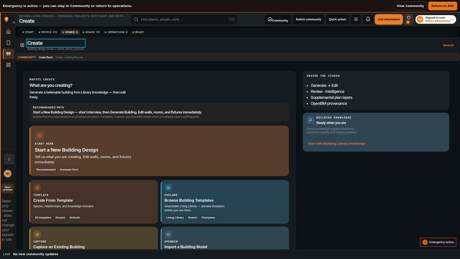Mapsys Create home: “What are you creating?” with Start a New Building Design, Create From Template, Browse Building Templates, Capture an Existing Building and Import a Building Model.