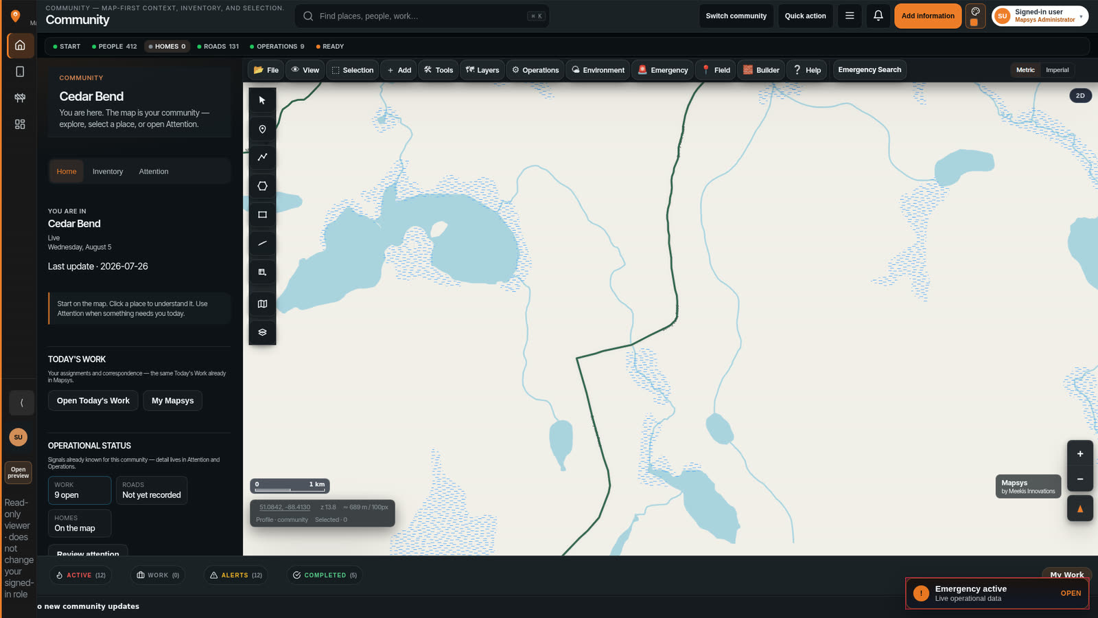 Mapsys Community view: the Cedar Bend map with lakes, roads and community boundary, with the community panel, Attention tab and operational status on the left.