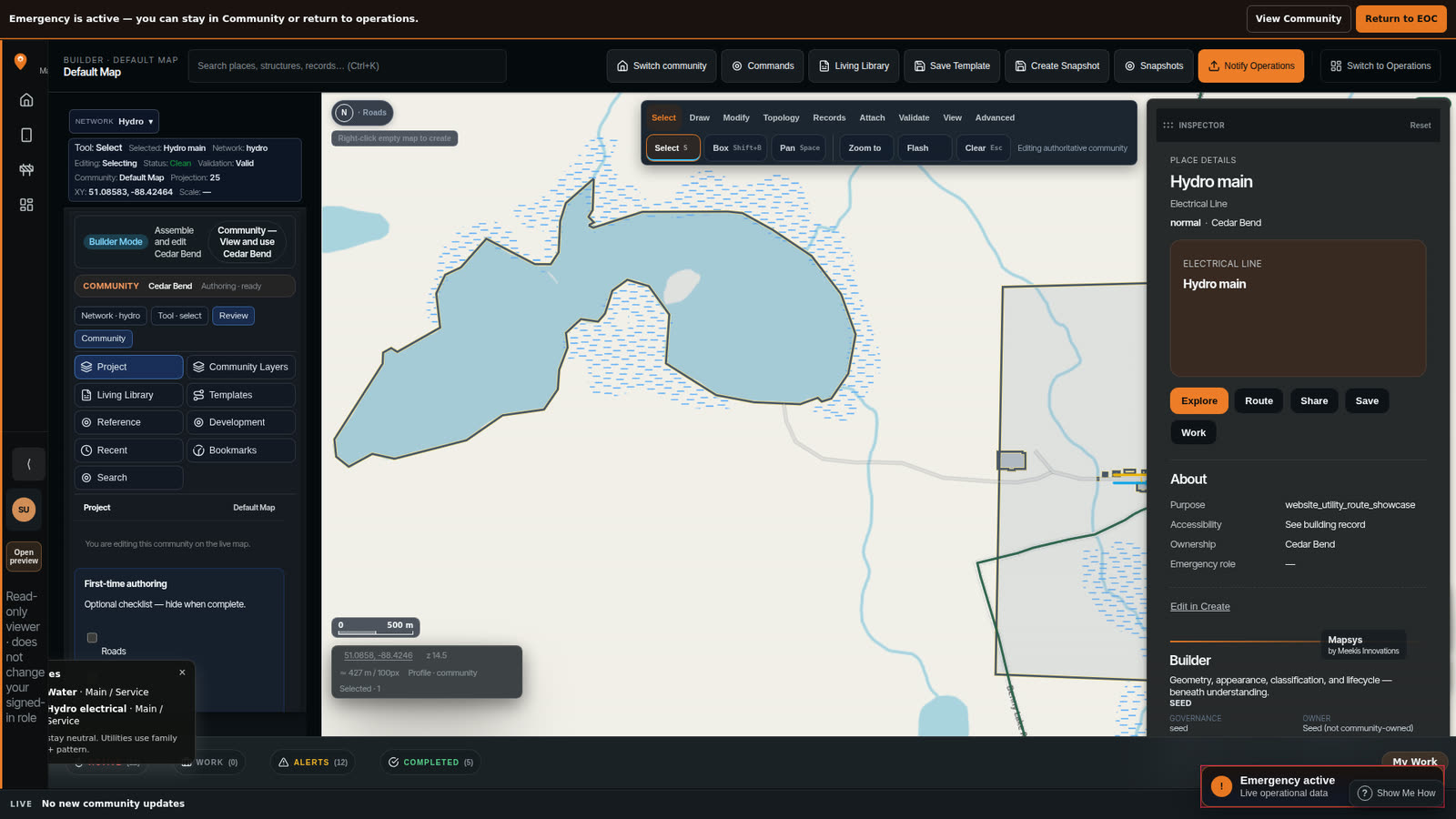 The Cedar Bend hydro network with the hydro main selected and its electrical line record open in the Inspector.