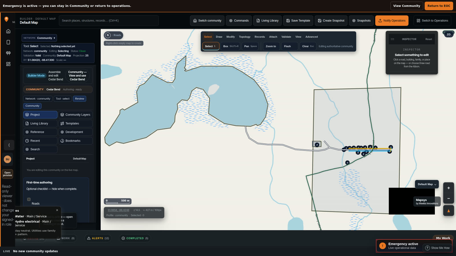 The Cedar Bend water network selected on the community map at 500 m scale.